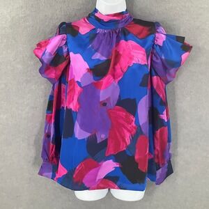 Entro Top Women's Sz S Mock Neck Long Sleeve Ruffle Detail Abstract‎ Artsy Bold